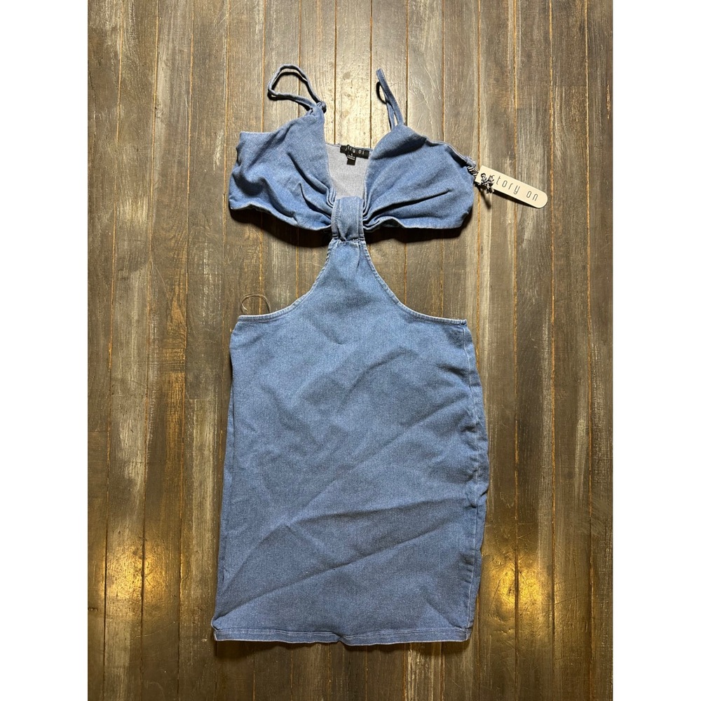 Story On Denim Cutout Mini Dress Blue Medium Wash Knotted Bust